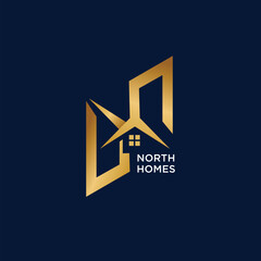 Abstract and Elegant Letter N logo with house icon in gold color. Luxury logo design template