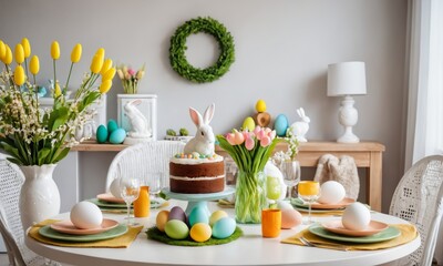Fototapeta na wymiar Warm and spring dining room interior with easter accessories, round table