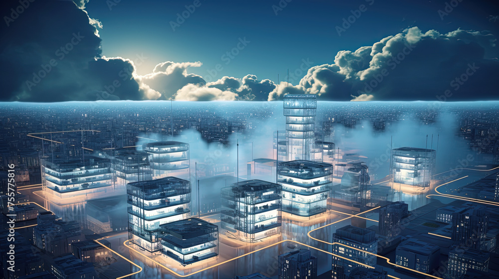Poster concept of a digital city with cloud connections. futuristic network in the clouds.