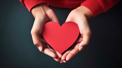 close up of woman hands with red heart on dark background, love concept