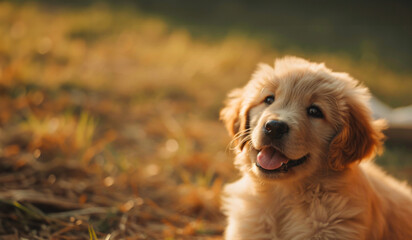 Portrait of Baby golden retriever dog in the garden, capturing a heartwarming moment of joy and companionship.