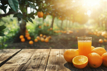 Healthy orange juice in the glass on the wooden table top, sunny orange tree orchard in the background, copy space