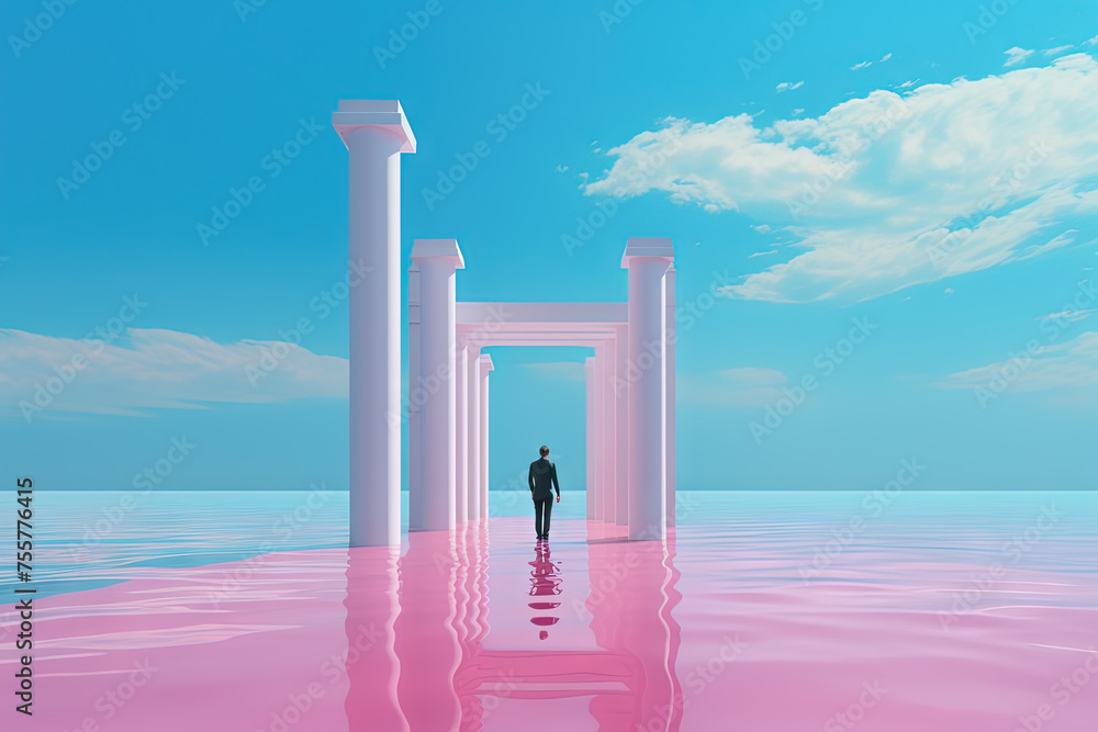 Poster surreal vaporwave landscape with abstract architecture elements on the water. dreamy landscape.