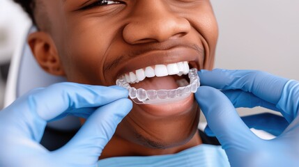 Young African American man inserting a dental aligner. Close-up view. Embracing the process of aligning for a perfect smile.
