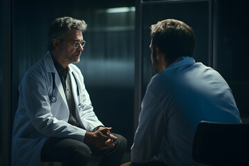 Two men talking to each other in a psychiatrist's hospital room - obrazy, fototapety, plakaty