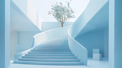 Incorporating a staircase in shades of powder blue, reminiscent of clear summer skies, to evoke a sense of calm and relaxation in the lobby.