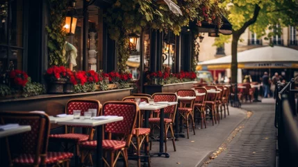 Zelfklevend Fotobehang A bustling cafe with outdoor seating for a lively atmosphere © Cloudyew
