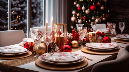 A christmas dinner table with holiday themed decorations