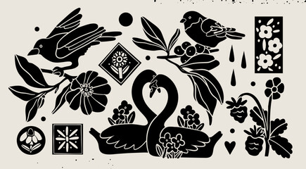 Various black birds, flowers, leaves. Different clipart set, silhouette collection. Linocut style. Hand drawn Vector illustration. Isolated design elements. Icon, ornament, print, decoration templates - 755777439