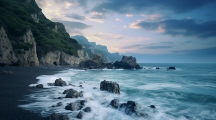 panoramic view of nice colorful huge cliff and sea on the back. blurry clouds due to long exposure, soft focus and poor lighting dawn pink clouds pure and gentle nature waves and stones