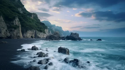 Papier Peint photo Destinations panoramic view of nice colorful huge cliff and sea on the back. blurry clouds due to long exposure, soft focus and poor lighting dawn pink clouds pure and gentle nature waves and stones