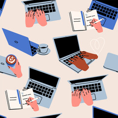 Human hands typing on laptop keyboard, hand writing in notebook. Laptops with hands, coffee cup. Computing, working online, freelancing, education concept. Hand drawn Vector seamless Pattern - 755777486