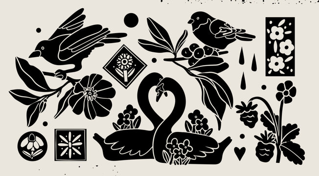 Various black birds, flowers, leaves. Different clipart set, silhouette collection. Linocut style. Hand drawn Vector illustration. Isolated design elements. Icon, ornament, print, decoration templates