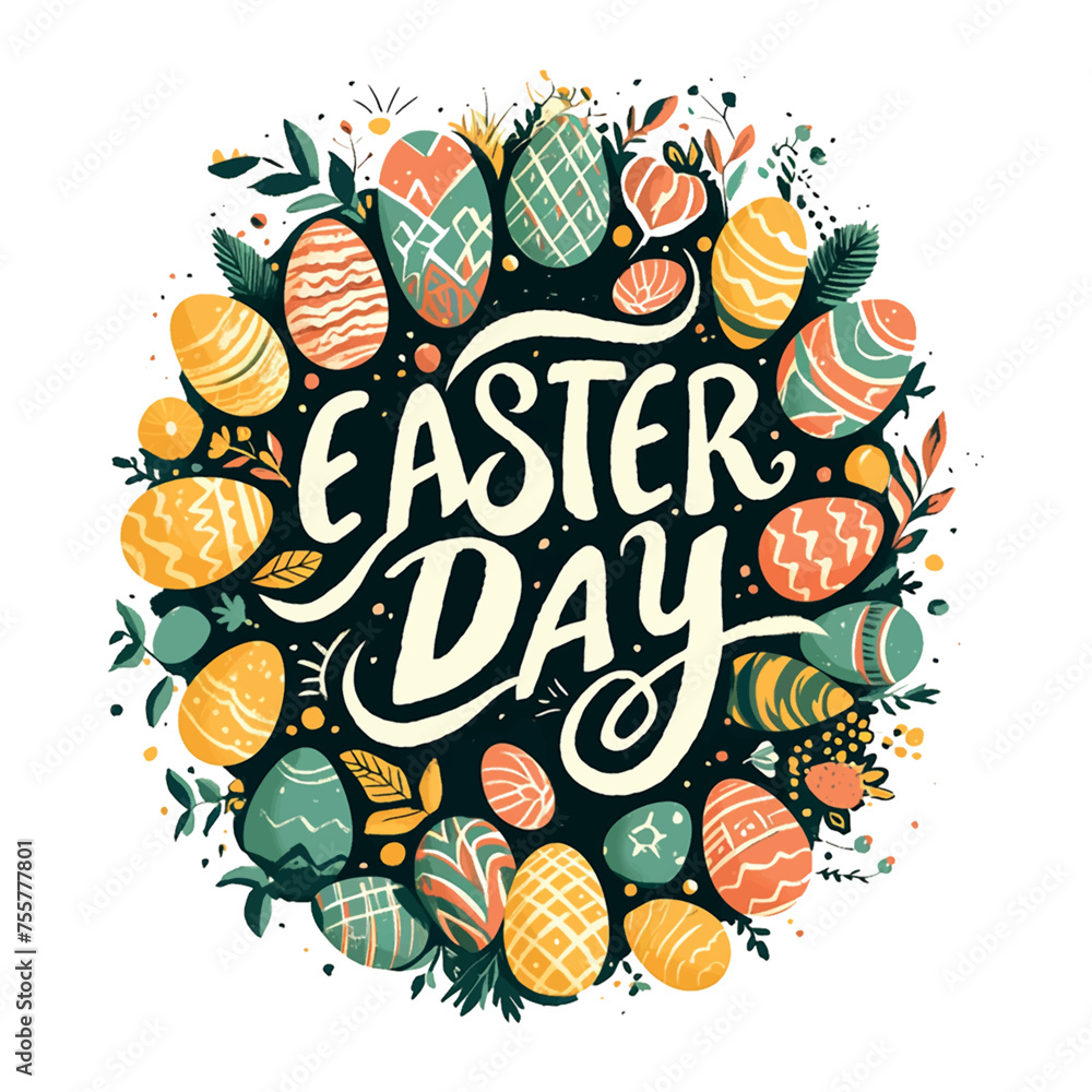 Poster easter day is a colorful and fun design with a variety of eggs. the eggs are scattered throughout th