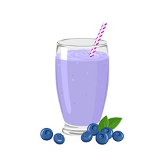 Blueberry smoothie or milkshake in glass with straw. Vector cartoon illustration of fruit drink.
