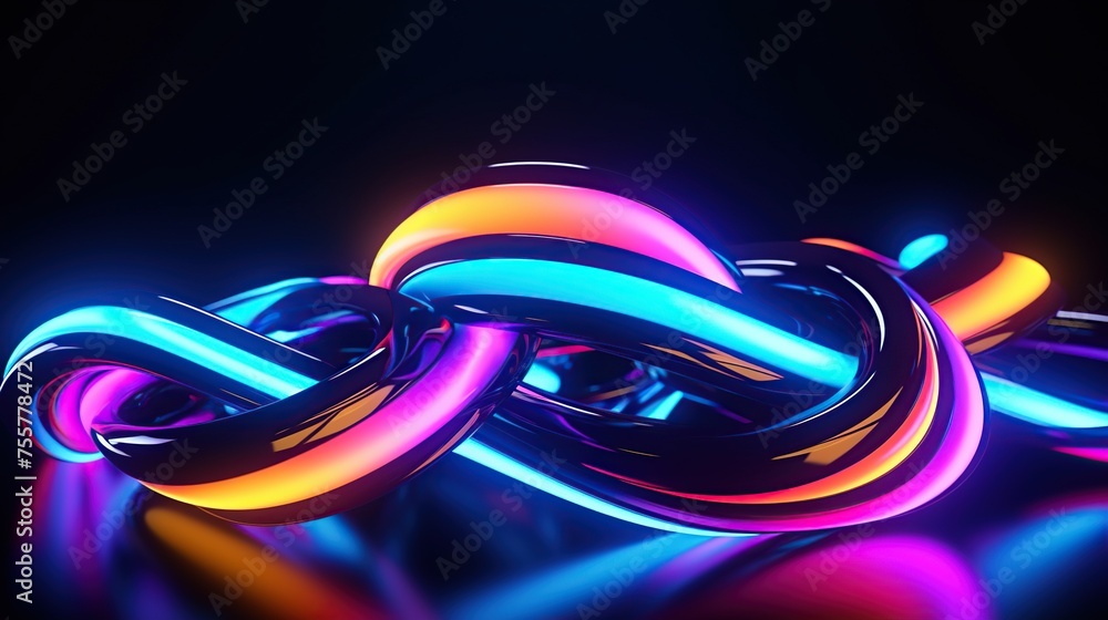 Poster 3d render of glowing neon of twisted lines or neural network with colorful neon light on a dark back