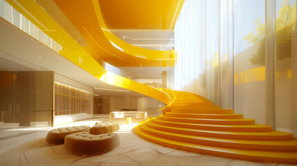 Incorporating a vibrant yellow staircase, reminiscent of sunlight streaming through a window, to brighten up the lobby space. - Powered by Adobe