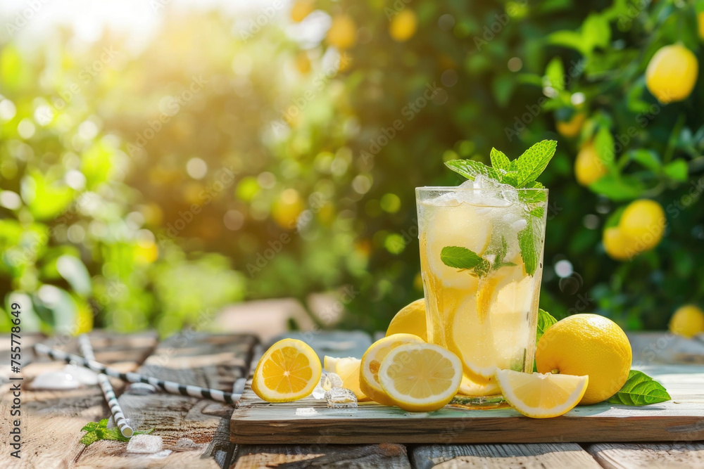 Wall mural Fresh lemonade with lemon, mint and ice on the wooden table top, sunny lemon tree orchard in the background, copy space