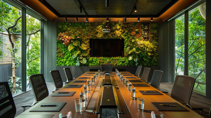 Incorporating earthy moss green tones to bring the outdoors into the meeting room. - obrazy, fototapety, plakaty