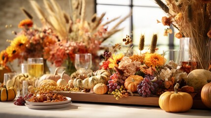 Obraz na płótnie Canvas A harvest table with autumn themed centerpieces