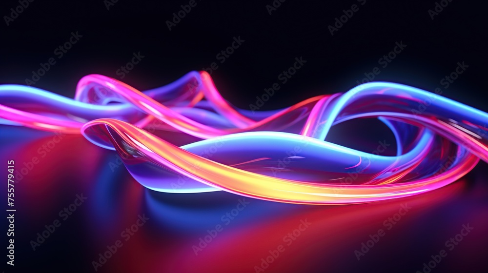 Poster 3d render of glowing neon of twisted lines or neural network with colorful neon light on a dark back