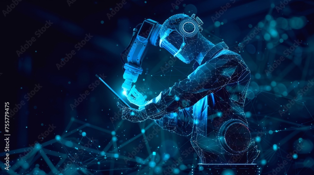 Aufkleber A  image of a polygonal engineer holding a tablet and controlling a robotic arm and a robotic tool. An industrial technology concept is shown in dark blue.