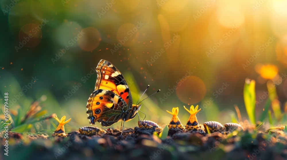 Poster an image of a butterfly changing from a caterpillar to a butterfly, in a futuristic digital style. a