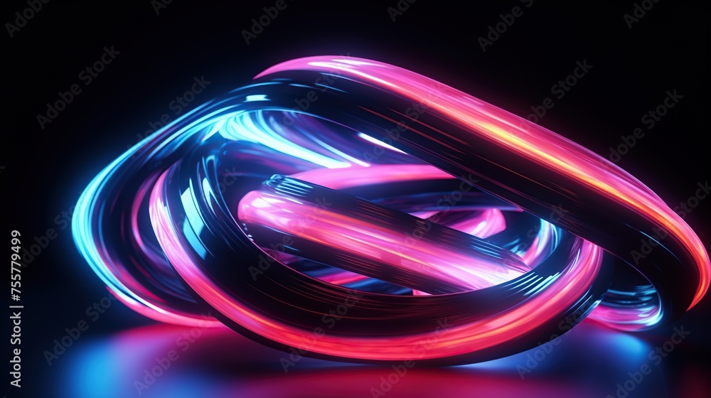 Poster 3d render of glowing neon of twisted lines or neural network with colorful neon light on a dark back