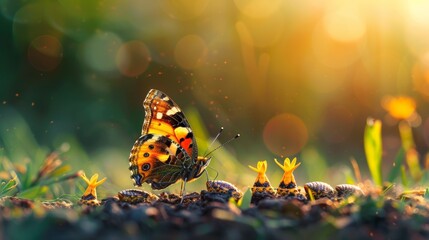 An image of a butterfly changing from a caterpillar to a butterfly, in a futuristic digital style. A concept for a successful startup, investment, or business transformation. - obrazy, fototapety, plakaty