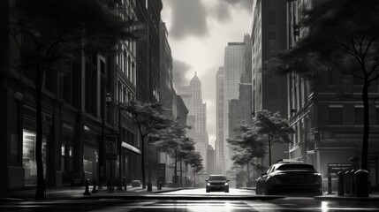 A monochrome street scene capturing the essence of the city