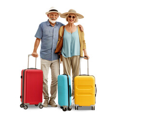 Happy senior couple standing with traveling bags, isolated. PNG file with transparency. Generative ai - 755779677