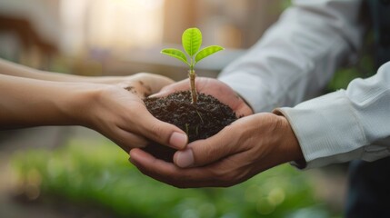 A sustainable partner trust mission represents a green business company under the development ecology concept holding green plants together. Sustainability Partner Trust hands together.