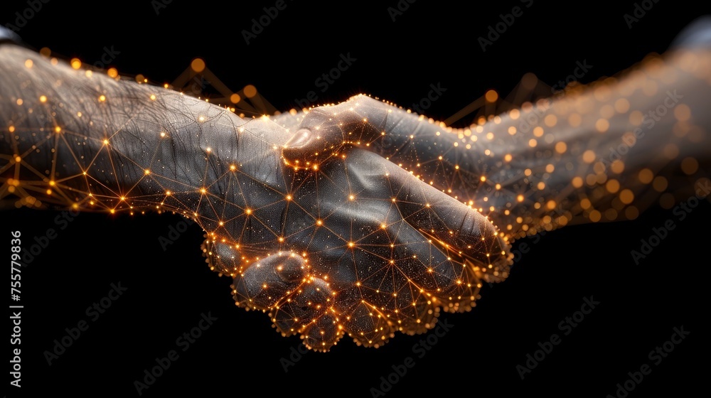 Aufkleber A handshake with plexus lines in silhouette. Polygonal wireframe composition with gestural hands. Development symbol. Abstract illustration isolated on black background.