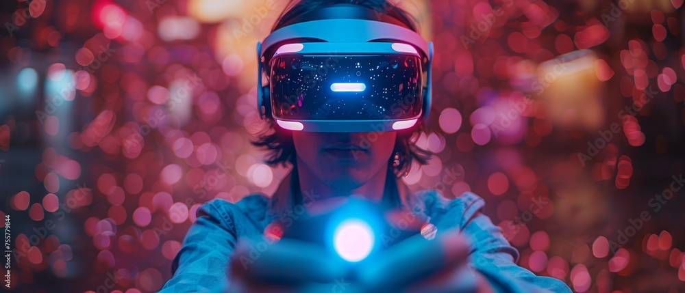 Poster VR video game player with virtual reality headset glasses in cyberspace of metaverse. Man looks up, holds AR VR controller over head of computer video games. Digital entertainment.