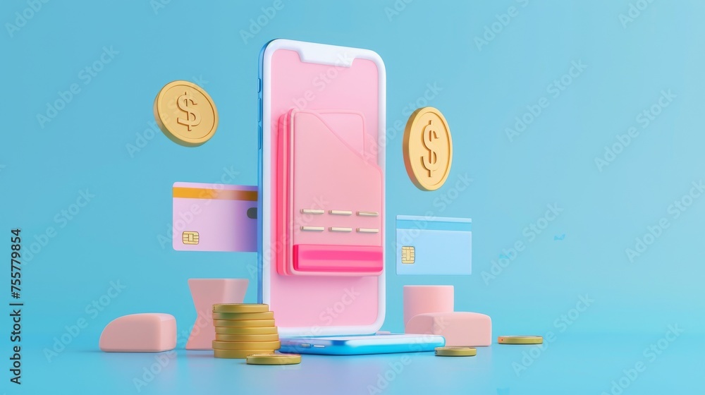 Poster cartoon design icon isolated on blue background. 3d rendering of 3d phone with mobile banking app. w