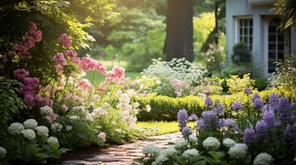 Fototapeta na wymiar A peaceful garden with blooming flowers and greenery gives you space for subtle independence day text
