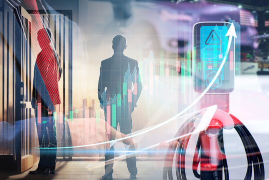 Businessman show business growth investment stock finance profit graph of marketing financial increase trade chart. Charging an electric car battery, new innovative technology EV Electrical vehicle.	

