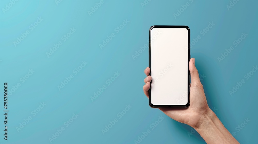 Poster a 3d hand holding a mobile phone with an empty screen, isolated on a blue background. phone device m
