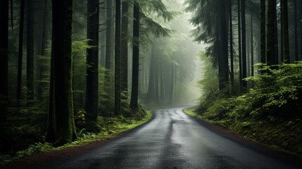 A road through a misty, atmospheric forest
