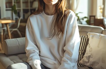 a girl in a white hoodie is sitting on a sofa in a bright living room, the emphasis is on a hoodie, a place for a logo or advertisement, a layout 8