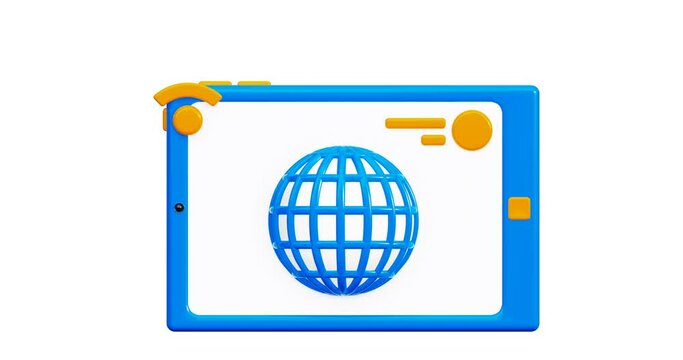 3D animation tablet icon with internet network icon on display. Internet connection and WiFi. 4k animation, alpha channel, in cartoon style, isolated.