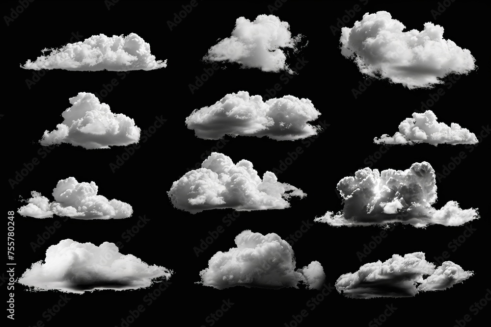 Sticker On a black background, a collection of white clouds is isolated