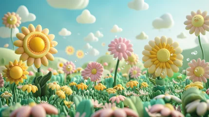 Deurstickers A field of flowers with clouds and a sky in the background, AI © Maria Starus