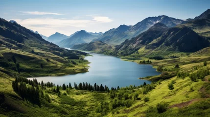 Raamstickers A serene lake nestled in a mountainous landscape © Cloudyew