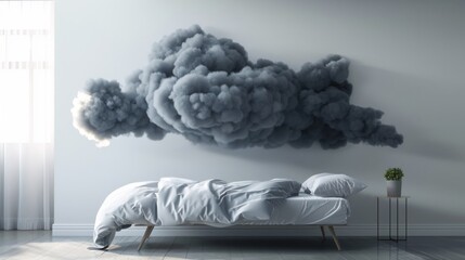 A cloud shaped like a bed is hanging over the wall, AI