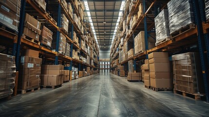 Warehouse filled with boxes and pallets, logistics and storage concepts.