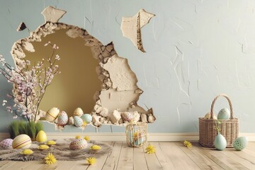 Large hole in the wall and Easter decorations around, empty copy space Generative Ai  - obrazy, fototapety, plakaty