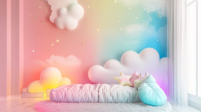 A colorful room with a bed and clouds on the wall, AI