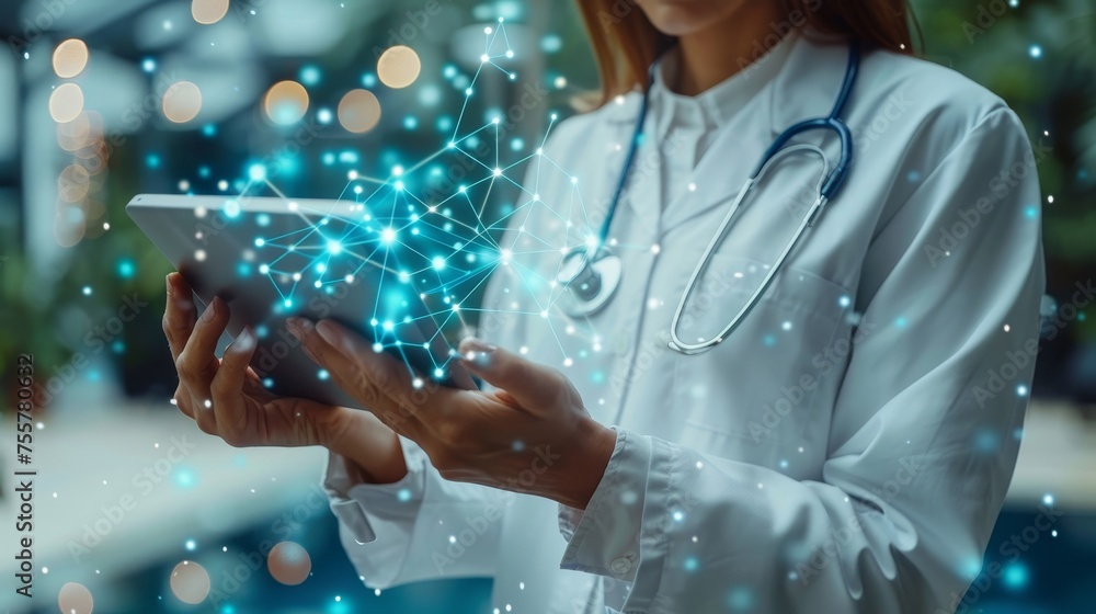 Poster Doctor holding tablet computer and touching virtual charts on virtual screen. Medical innovative technology and network connection.