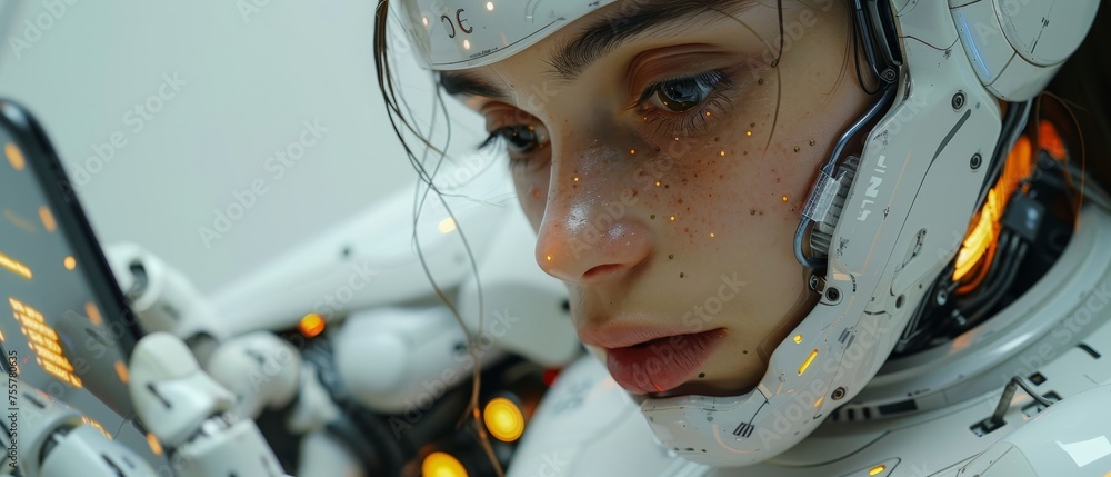 Poster Artificial intelligence with phone chat bot. Cyborg or robot looking out of screen phone. Chatbot, internet helper, virtual assistance with web services. Technology concept.